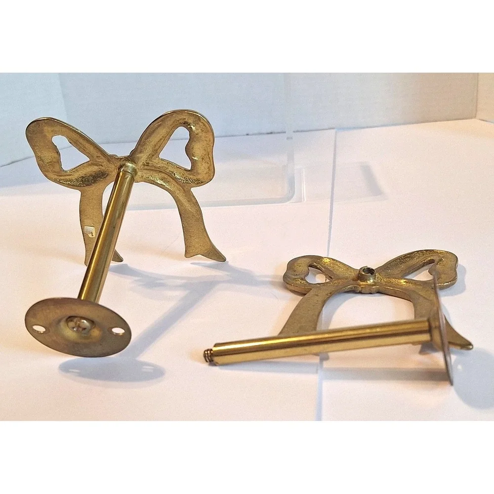 Vintage Brass Bow Curtain Tiebacks Set Gold Ribbon Wall Hooks Regency Decor 2pc